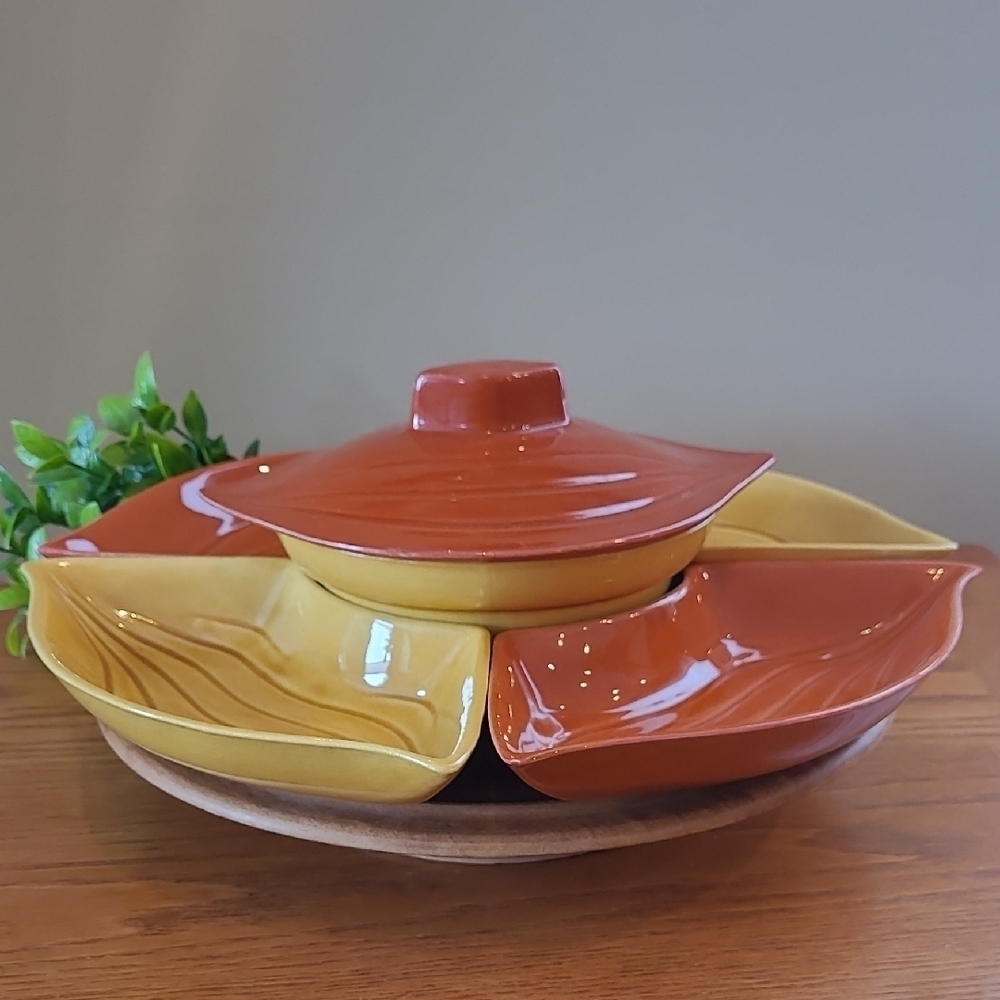 CALIFORNIA POTTERY Vintage MCM Yellow & Burnt Orange Lazy Susan Serving Set - Picture 3 of 17